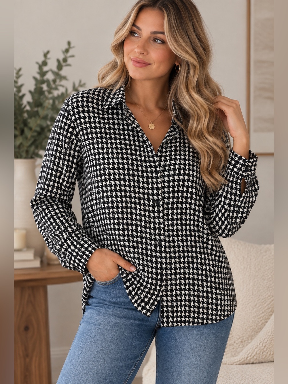 Chaps Black & White Houndstooth No-Iron Button-Down Shirt NWT